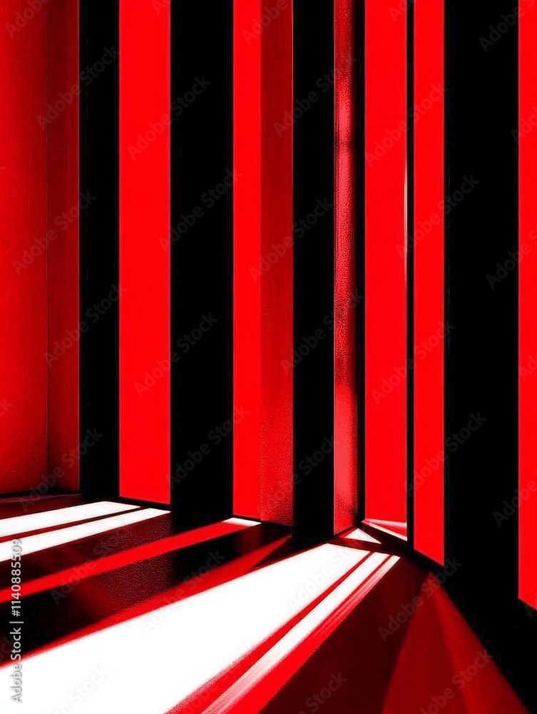 Poster this composition captures the interplay of light and shadows through striking red vertical stripes, 