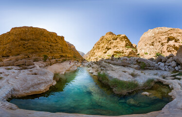 Extreme wide angle photo of Wadi Shab,Oman.