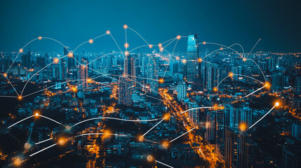 Smart digital city with connection cyber security network reciprocity over the cityscape . future smart wireless digital city and social media networking systems that connects people within the city