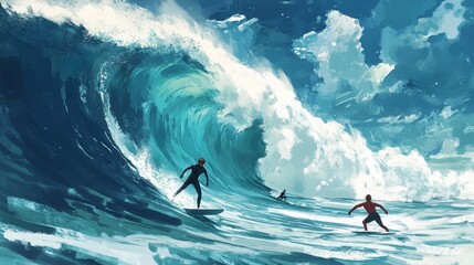 surfers carving through massive waves at a renowned beach, thrilling moments of surfing on giant swells, an epic day of surfing at a world-famous beach