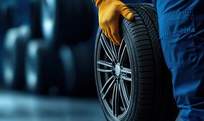 Mechanic holding new tire in car tire shop with garage setting and stacked tires in background