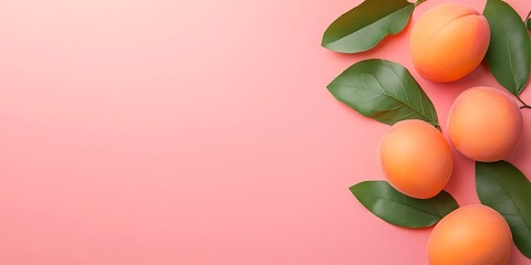 Apricots with Green Leaves on Pink Background