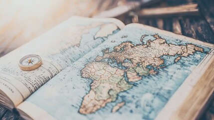 Naklejka premium An open vintage map of the world with a compass on a wooden surface.