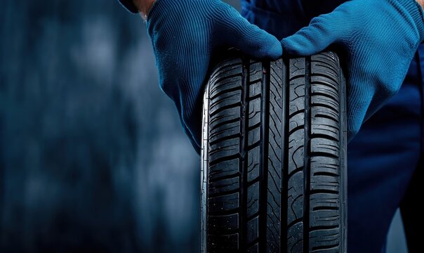 Mechanic in garage holding new car tire for installation at tire service shop