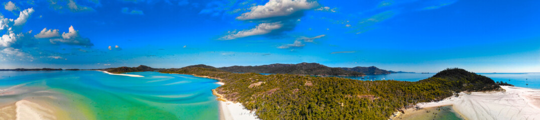 Whitehaven Beach aerial view. Panorama from a drone viewpoint. Whitsunday Islands, Australia