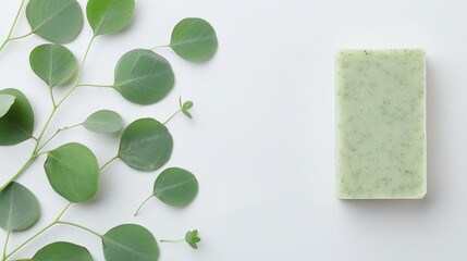 Eucalyptus Soap with Fresh Eucalyptus Leaves, Handmade Natural Soap Bar, Herbal Soap, Spa and Wellness, Skincare, Flat Lay, Copy Space.

