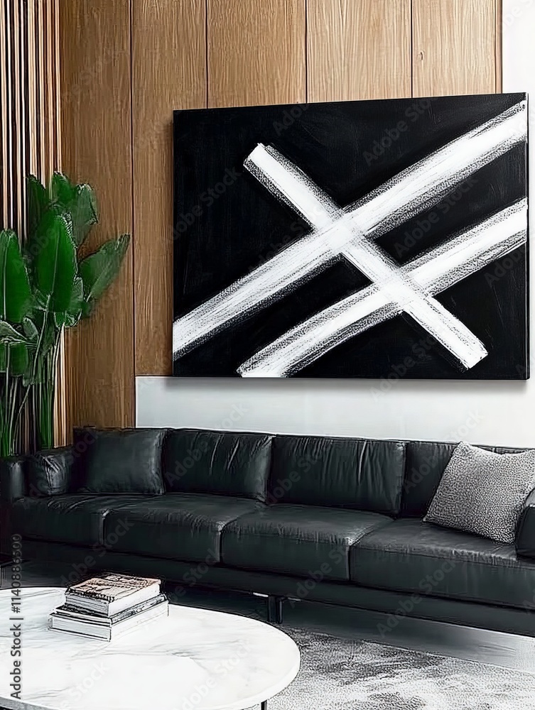 Poster this artwork features striking white brush strokes crossing on a black background, creating a bold a