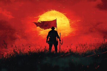  A peasant standing with a sickle in his hands under the rising sun, symbolising resilience and hope. Generative AI