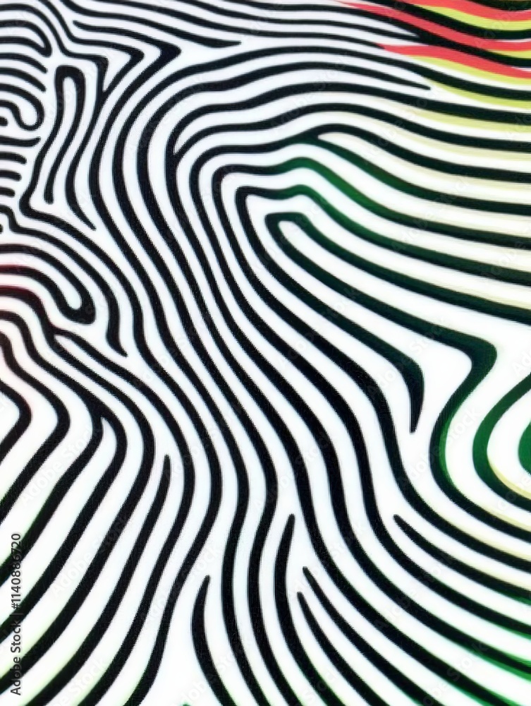 Poster a mesmerizing pattern of flowing black lines contrasting with vibrant colors, evoking a sense of mov