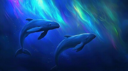 Fototapeta premium Two dolphins swim in the water beneath the Aurora Borealis, with the Aurora Borealis illuminating the sky above them