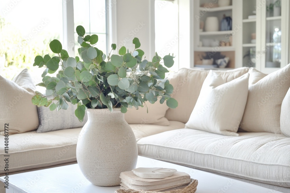 Fototapete this image features a serene living room with a stylish eucalyptus arrangement in a modern vase, cre