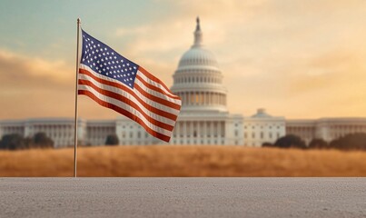 United States Capitol Complex with American flag waving against a sunset backdrop