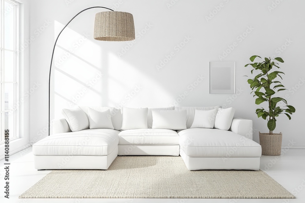 Aufkleber this image captures a light-filled modern room featuring a white sectional sofa and a delicate rug, 