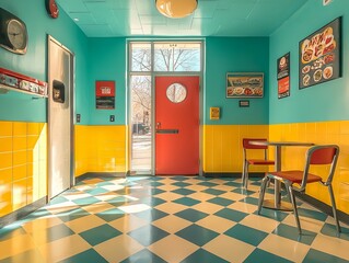 Brightly colored diner interior with checkered floor and retro decor.