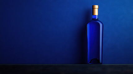   A blue bottle of wine rests atop a wooden table against a blue backdrop, adorned with a gold cap