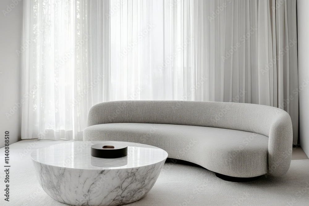 Poster A serene curved sofa paired with a stone coffee table, creating a harmonious and inviting living area complemented by natural light that casts soft shadows.