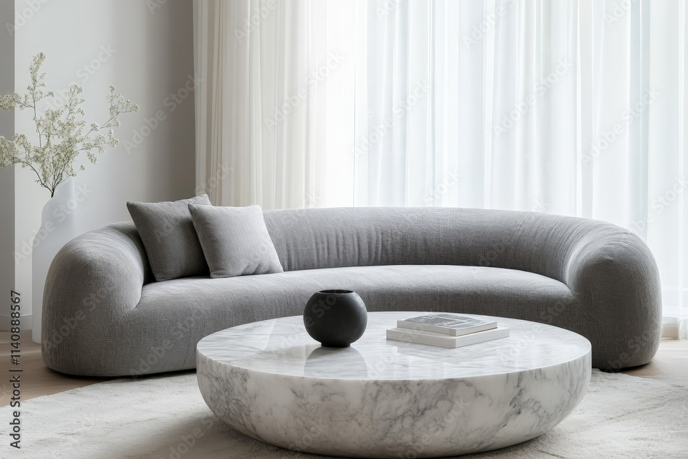 Poster A plush gray sofa with a stylish round marble table, accented with soft decor, combining modern comfort with artistic flair in a bright and open living space.