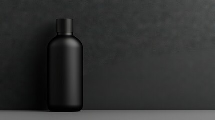   A black bottle perched atop a table against a gray wall with a black cap adorning its top