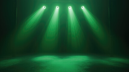 Obraz premium green spotlights shine on stage floor in dark room, idea for background, backdrop, mock up, Generative Ai