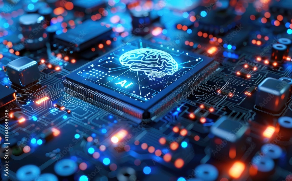 Poster 3D rendering of a computer chip featuring an AI brain icon on top, surrounded by glowing data streams and other chips, set against an abstract circuit board background in a front view