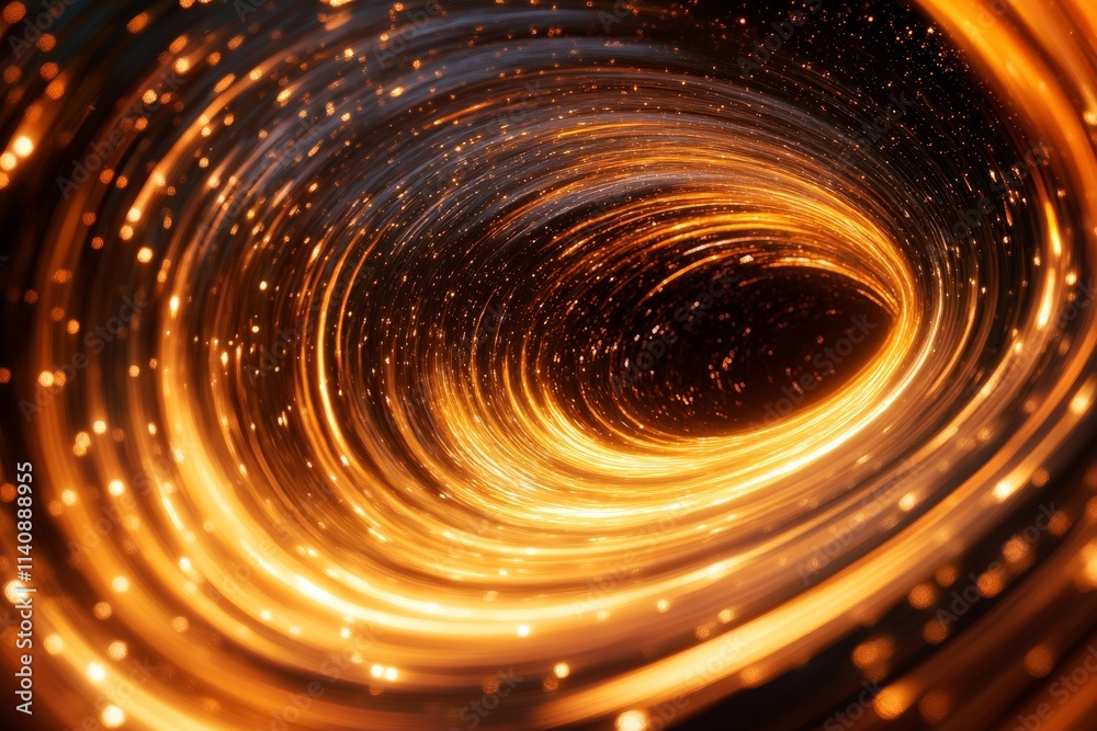 Poster A mesmerizing golden spiral galaxy with light trails creating an enchanting effect, representing the beauty and mystery of the cosmos and abstract visualization.
