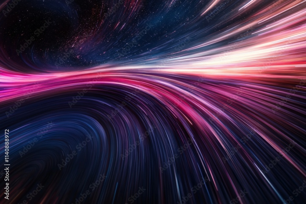 Poster an abstract depiction of colorful light trails racing through a dark space environment, illustrating