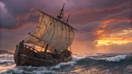 Obraz premium Wooden Ship Battling Stormy Seas at Sunset, Dramatic Lighting, Ocean Waves, Sailboat, Nautical Sailboat, Storm
