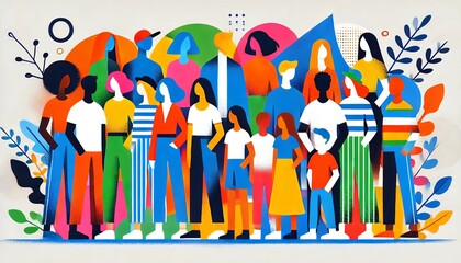 A colorful abstract illustration featuring a diverse group of people standing together, symbolizing unity, inclusiveness, diversity, and community spirit