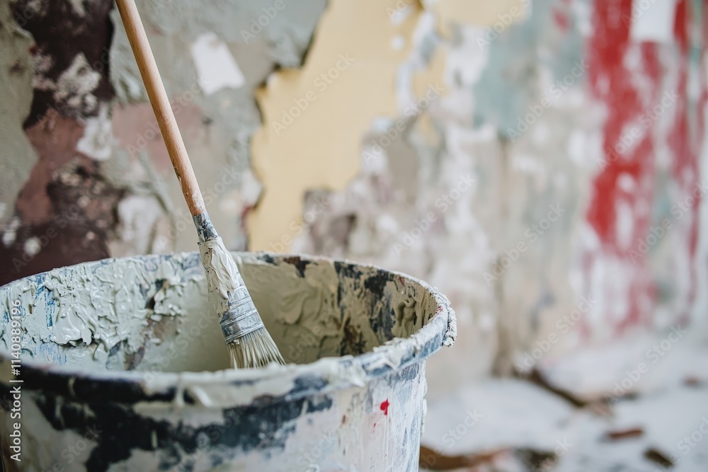Aufkleber a paintbrush is immersed in a bucket of mixed paint, illustrating the creative process and the art o