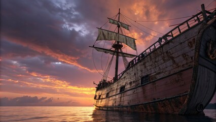 Fototapeta premium Sunset Galleon Dramatic Composition, Old Ship at Dusk, Ocean Scene, Digital Art Keywords Galleon, Seascape