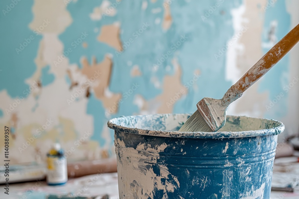 Poster a close view of a paint bucket overflowing with colorful paint, surrounded by peeling walls, highlig