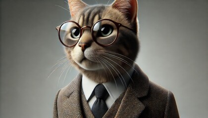 A cat in a formal suit and glasses portraying professionalism and intellect, symbolizing intelligence, sophistication, and anthropomorphic creativity by a pet businessman
