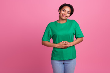 Photo portrait of pretty young girl touch stomach healthy digestion wear trendy green outfit...