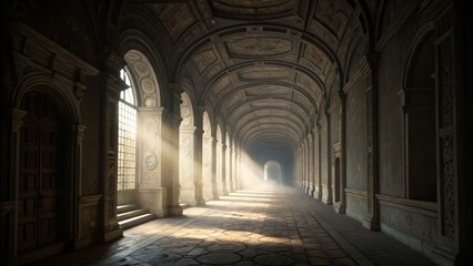 Sunlit Archway Long Hallway Composition, Stone Architecture, Mystical Light, Digital Art Architectural Photography, Interior Design