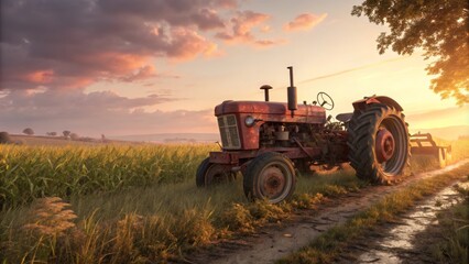 Fototapeta premium Rustic Red Tractor at Sunset Digital Painting, Landscape Composition, Golden Hour Lighting, Farm Scene. Keywords farm, tractor