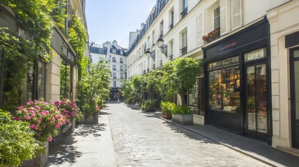 Charming cobblestone street lined with shops and vibrant greenery.