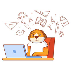 Online education,training and courses.Animal dog doing homework on laptop.Laptop connect to internet study e-learning.Cute little kid dog  learning.Line art vector illustration.Distance lessons.