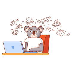 Character is a koala bear boy in play video games on pc.Child gamer enjoy on computer.Gaming laptop and headphones.Isolated on white background.Young school kid lion.Playing computer game.