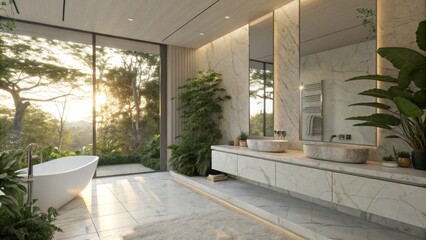 Luxurious Marble Bathroom Design Freestanding Tub, Natural Light, Tropical Plants, Modern Vanity Bathroom Design, Interior Design