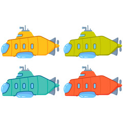 Naklejka premium Submarine in underwater cartoon.Underwater boat.Yellow submarine.Bathyscaphe underwater ship.Submarine with a periscope.Vector flat illustration.A toy boat.A toy submarine.