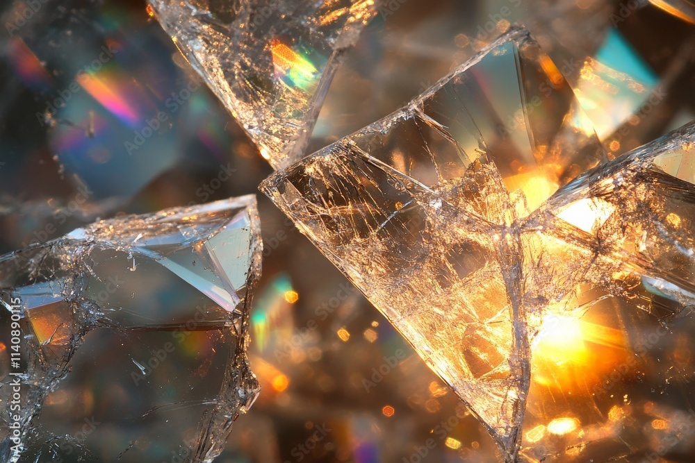 Leinwandbilder close-up photograph of shimmering glass fragments reflecting warm light, creating vibrant colors and