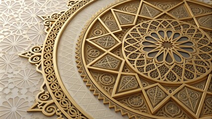 Obraz premium Golden Islamic Geometric Mandala Intricate Circular Design, 3D Render, Beige Background, Islamic Art, Pattern Islamic art, Mandala art