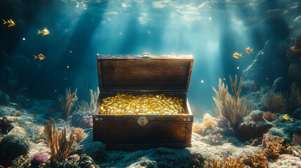 Open treasure chest with bright gold underwater