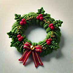 Knitted Holly Wreath with Berry Red and Gold Ribbon Flourishes on Pastel White Background