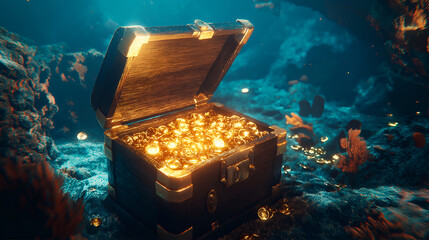 Open treasure chest with bright gold underwater