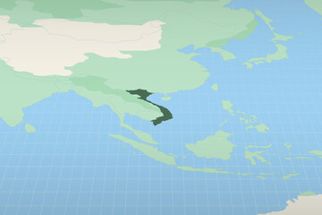 Vietnam highlighted on a detailed map, geographic location of Vietnam.
