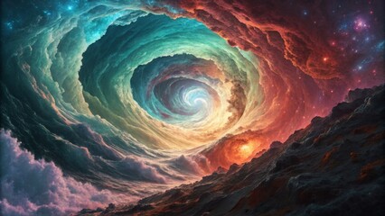 Cosmic Vortex Swirling Nebula and Rocky Shores, Digital Painting, Fantasy Landscape, Space Art Space, Nebula