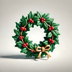 3D Claymation Holly Wreath with Berry Red and Gold Ribbon on Solid White Background