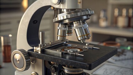 Fototapeta premium Close-up Microscope Composition Triple Lens, Dark Stage, Lab Setting, Microscopy, Science Microscopy, Lab equipment
