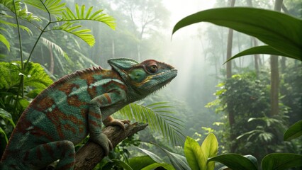 Chameleon in Lush Rainforest Digital Painting, Tropical, Reptile, Wildlife, Nature Reptile, digital art